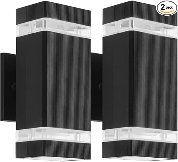 LED Outdoor Wall Lights 2 Pack Square Up and Down Porch Lighting Fixture Wall Mount Modern Aluminum Exterior Wall Sconces Waterproof Outside Lights for House