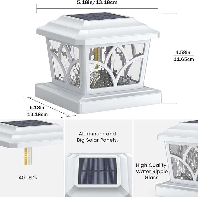 SIEDiNLAR Solar Post Cap Lights Outdoor 4 Modes 40 LEDs Aluminum Glass Deck Post Light for 4x4 5x5 6x6 Vinyl Wooden Posts Fence Patio Decor Warm White &amp Cool White Dynamic Lighting White (8 Pack)