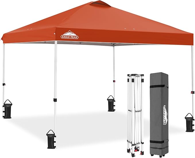 EAGLE PEAK Pop Up Canopy Tent with Wheeled Carry Bag 8 Stakes 4 Ropes 4 Weight Bags Easy Set Up Tent Canopy 10x10 ft 100sqft of Shade Brick Red