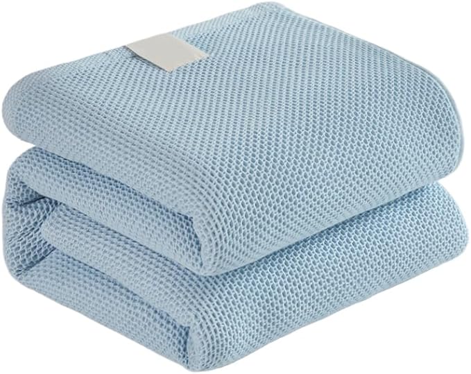 Bnitoam 100% Cotton Waffle Weave Blanket for Bed Couch Sofa Twin Size 60x80 Ultra Soft Breathable Cooling Cellular Blanket for Adult Lightweight All Season Machine Washable Blue (Blue 60x80)