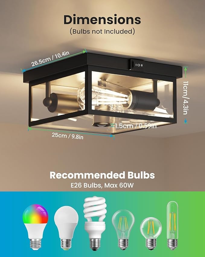 Outdoor Ceiling Light with Motion Sensor Flush Mount Porch Light Exterior Light Fixture with Clear Glass Dusk to Dawn 2-Light Fixture for PatioPorch (10.5 in)