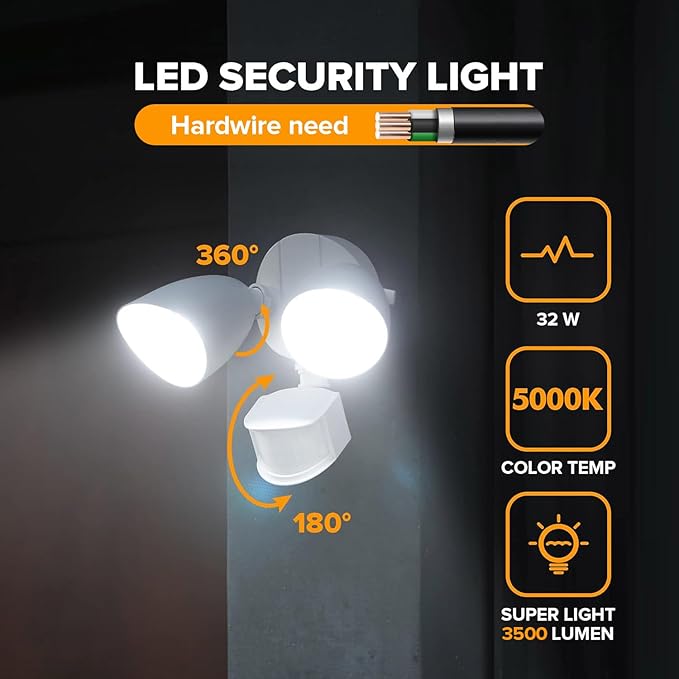 UME 2 Pack 32W 3500 Lumen LED Security Lights Motion Sensor Light Outdoor 5000K Daylight IP65 Waterproof Dusk to Dawn Motion Detector Flood Light for Garage Yard Porch-White