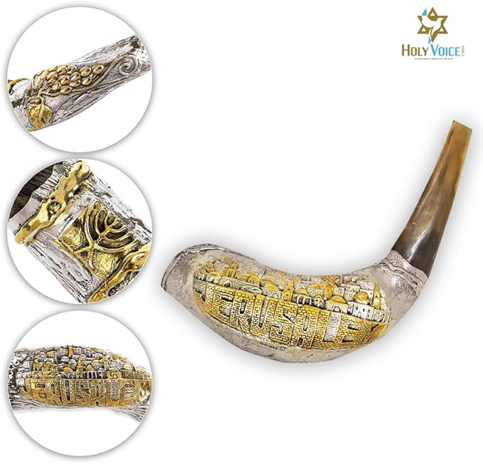 Holy Voice Sterling Silver-Plated Shofar 16-18 Horn from Israel - Jerusalem Ram Shofar includes Stand Carrying Bag and Cleaning Brush