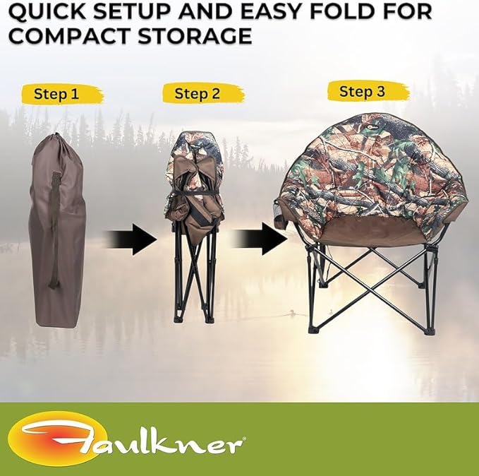 Faulkner Big Dog Bucket Chair Camouflage Foldable Oversized Camping Chair with Cup Holder and Carry Bag 300 lb Capacity Padded Steel Frame 34.3 Inches Wide