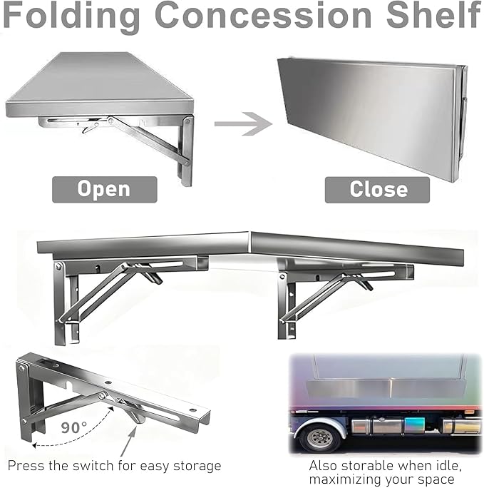 Food Truck Wall Shelving Space Saving Extra Long Stainless Steel Concession Folding Shelf Outdoor Easy Installation Countertop Extension Fold Down(30x14in/76x35cm)