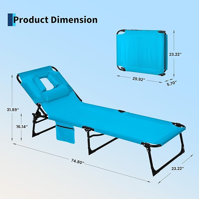 Tanning Chair with Face Hole Folding Beach Lounge Chair5-Position Adjustable Backrest Pillow &amp Side PocketPortable Face Down Chaise Lounge for Outdoor Backyard PoolsideBeach PatioBlue
