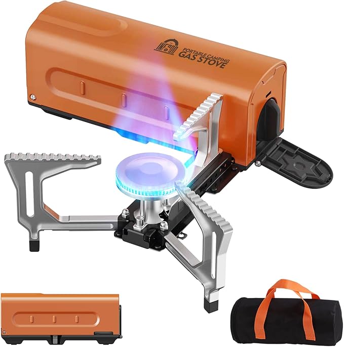 INFOOD Portable Butane Gas Camping Stove - 7500 BTU Compact Folding Design with Carry Bag for Backpacking RV Trips Picnic &amp Outdoor Indoor Cooking Orange