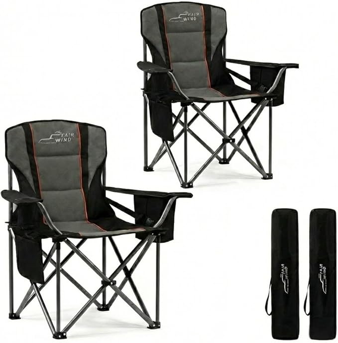 FAIR WIND 2 Pack Heavy Duty Camping Chair Oversized Padded Folding Chair for Big and Tall (450lbs) Extra Wide Seat with Integrated Cooler &amp Storage Pocket Adjustable Lumbar Support for Outdoor