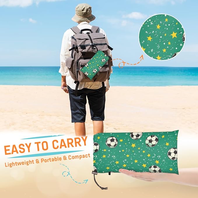 Waterproof Sandproof Beach Blanket 59''×68'' Football Polyester Outdoor Picnic Blanket with 4 Stakes &amp Storage Bag for BeachCampingVacation Bamboo Green