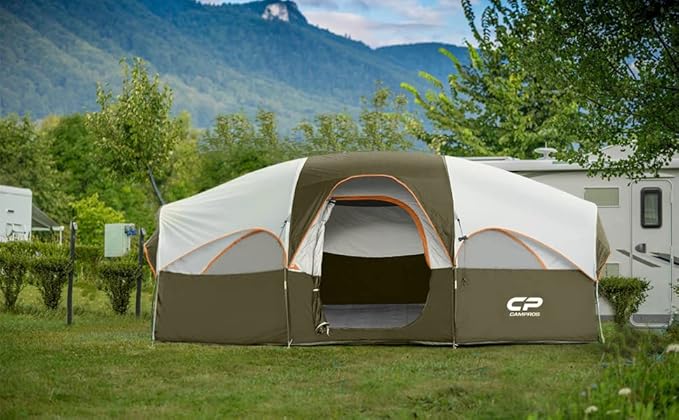 CAMPROS CP Tent 8 Person Camping Tents Weather Resistant Family Tent 5 Large Mesh Windows Double Layer Divided Curtain for Separated Room Portable with Carry Bag