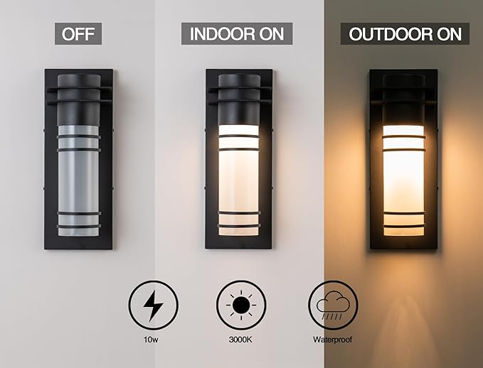 Outdoor Wall Lights Front Porch Dimmable LED Wall Sconce 10W Modern Exterior Lighting Fixture Wall Mount Black Patio Wall Lamps with Frosted Glass for House Set of 2