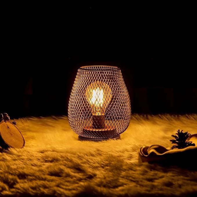 NEEDOMO Battery Operated Lamp Table Powered Lantern Set of 4 Metal Cage Cordless Lamps with LED Bulb Vintage Decorative Outdoor Lantern for Weddings Parties Patio Events for Indoor Shelf Decor