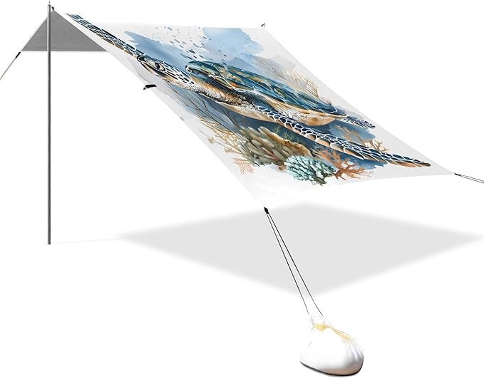 ALAZA Watercolor Turtle Beach Tent Sun Shelter UPF50+ Protection Beach Shade Canopy w/ 4 Sandbags for Outdoor Camping Fishing Backyard Fun Picnic 10x9 ft