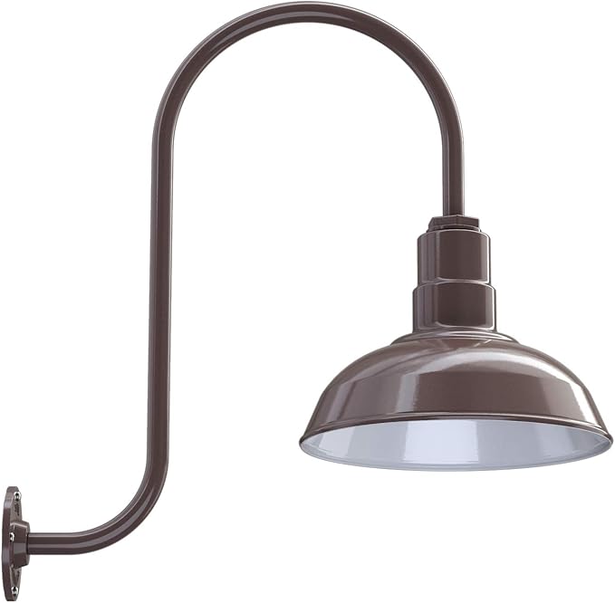 Steel Lighting Co. Westchester Barn Light | Outdoor Wall Mounted | 12 inch Dome | Upslope Gooseneck| Warehouse Steel Light Made in America | Dark Bronze Exterior/White Interior