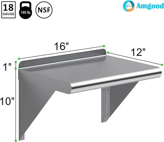 AmGood 12 X 16 Stainless Steel Wall Shelf | Metal Shelving | Garage Laundry Storage Utility Room | Restaurant Commercial Kitchen | NSF