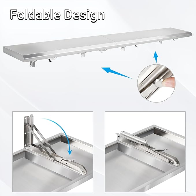 Folding Concession Shelf 72 x 12 Drop Down Concession Serving Window Stainless Steel Folding Shelf Serving Food Shelf for Windows