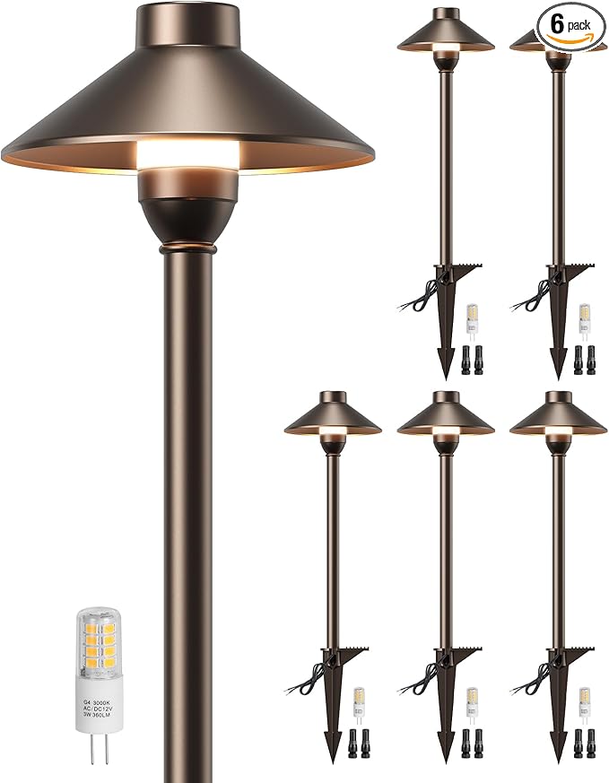 PARTPHONER Low Voltage Landscape Lighting 6-Pack Aluminum 12V Pathway Lights with G4 Bulbs Waterproof Oil Rubbed Bronze Color Wired Path Lights with Connectors for Walkway Yard Garden