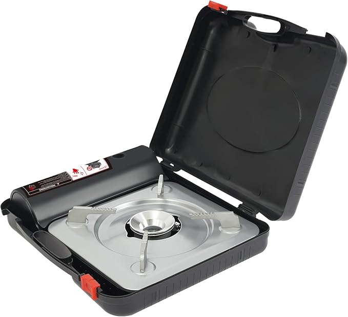 Portable Camping Stove 3500W Gas Burner with Grill Plate and Carry Case Butane Outdoor BBQ Grill for Cooking Hiking Backpacking Road Trip Picnic Gathering (Black)
