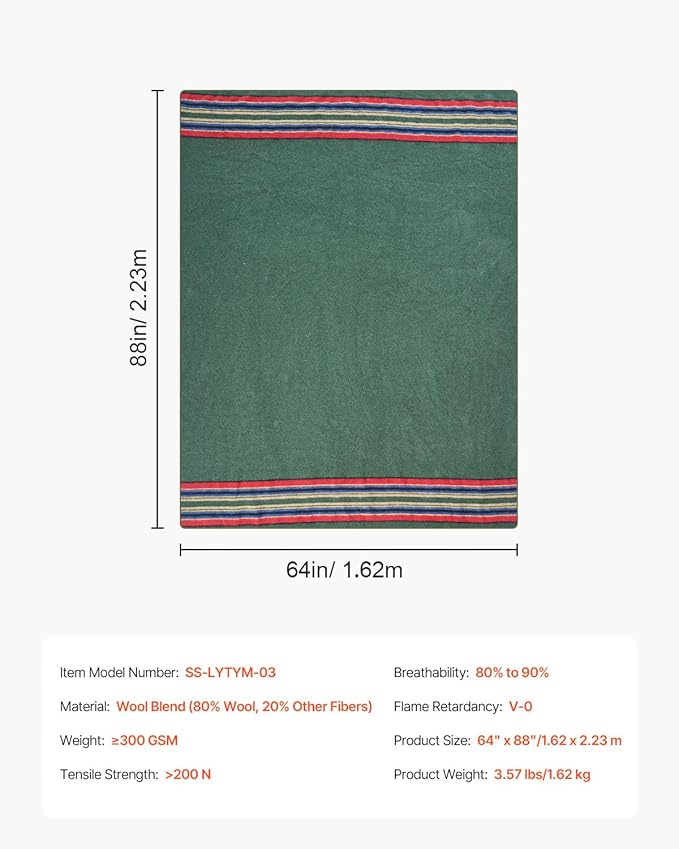 VEVOR Wool Camping Blanket Large Warm Stadium Blanket Flame Retardant Great for Outdoors Picnics Hiking Sports Events Travel Car &amp Bushcraft Survival Kits 64 x 88 Striped Throw Blanket
