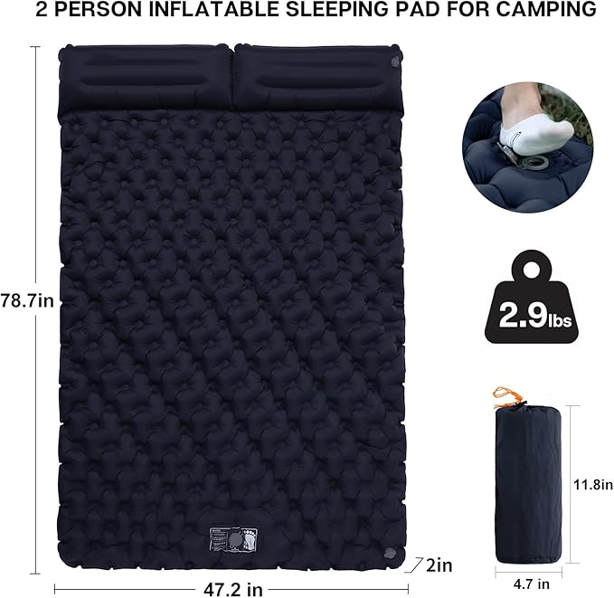 2 Person Inflatable Sleeping Pad for Camping Ultralight Double Camping Mat Air Mattress Foot Pump Durable Waterproof Compact Sleeping Mat for Outdoor Backpacking Hiking Navy
