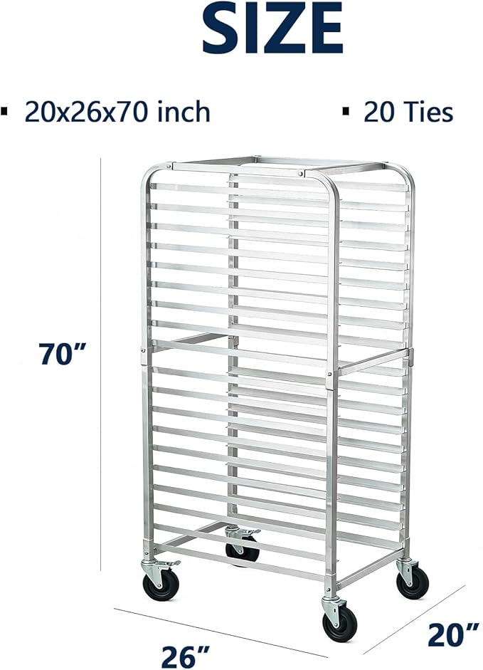 20 Tier Aluminum Bun Pan Rack - 20 W x 26 D x 70 Lockable Wheels Mobile Cooling Trolley - for Kitchen &amp Bakery