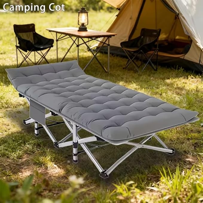 1200D Oxford Canvas Folding Camping Bed Adult Soft Foam Mat and Carrying Bag - Double Deck PortableOutdoor Folding Chair with MattressCamping Equipment (Grey-Thin 450)