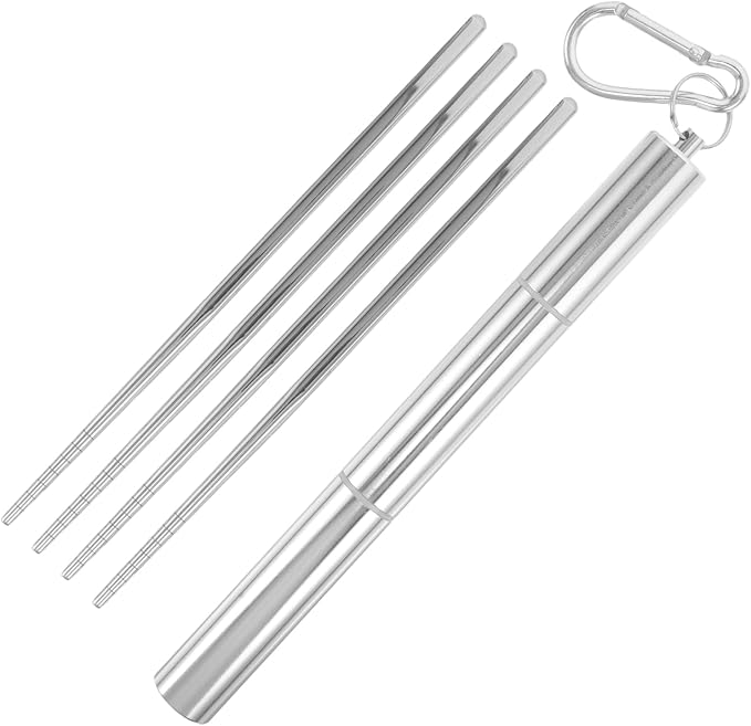 LOGOFUN 4pcs Stainless Steel Travel Chopsticks with Metal Carrying Case Portable Utensils for Camping Hiking Picnic
