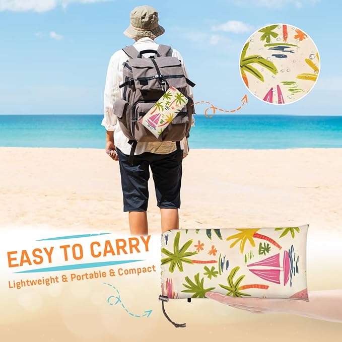 Waterproof Sandproof Beach Blanket 59''×68'' Landscape Sea Polyester Outdoor Picnic Blanket with 4 Stakes &amp Storage Bag for BeachCampingVacation Beige