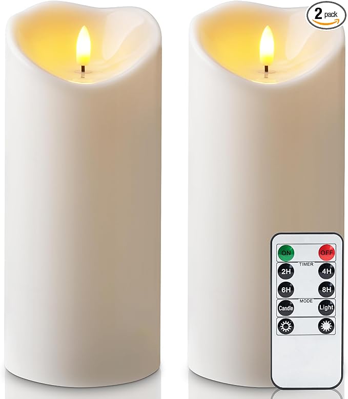 Amagic 4” x 9” Large Outdoor Waterproof Flameless Candles with Remote Battery Operated Candles with Timer Flickering Fake LED Pillar Candle for Patio Yard Porch Decor Ivory White Set of 2