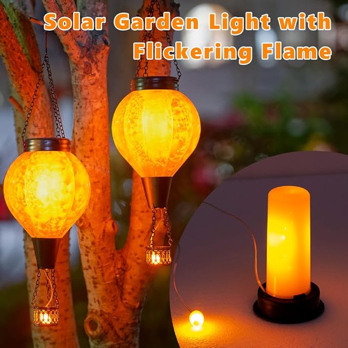 2 Pack Hanging Solar Air Balloon Lantern Outdoor Waterproof Hot Air Balloon Solar Lantern Flickering Flame Outside Decor for Garden Yard Patio Solars Lights Gifts for Mom Grandma（yellow）