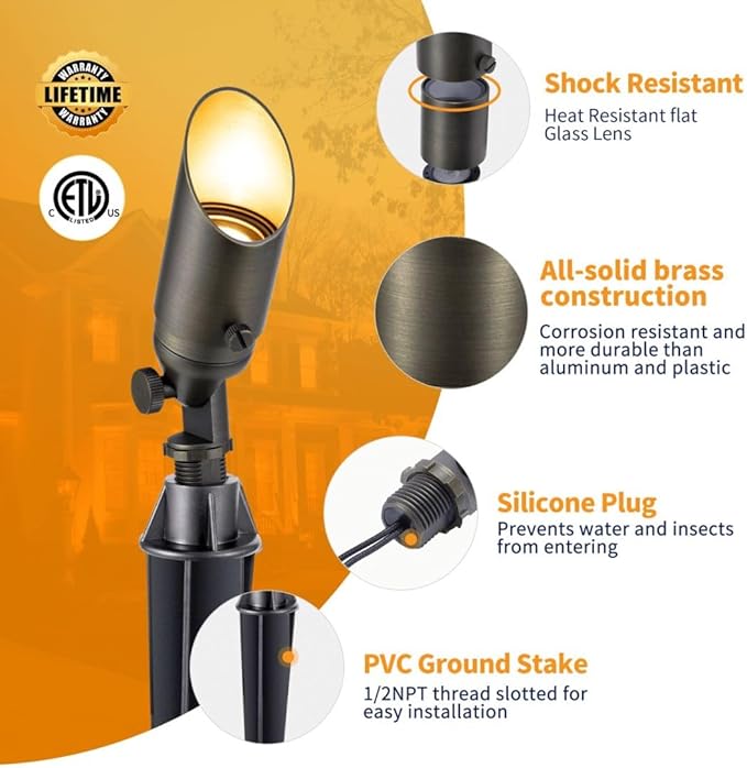 Gardenreet Spot Lights Brass - 12V Low Voltage Landscape Spotlight MR11 Wired Uplights Outdoor Waterproof LED Electric 180 Lumen Bronze for Exterior Patio Wall Without Bulb (6 Pack)