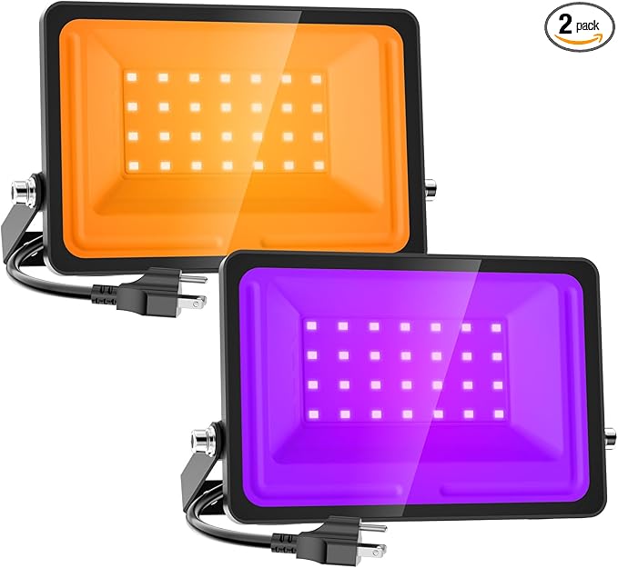 Onforu Orange and Purple Halloween Lights 30W Dusk to Dawn Floodlight 2 Pack LED Flood Light Outdoor Decoration Auto ON/Off Plug in Flood Light IP65 Waterproof Uplighting Uplights for Party Garden