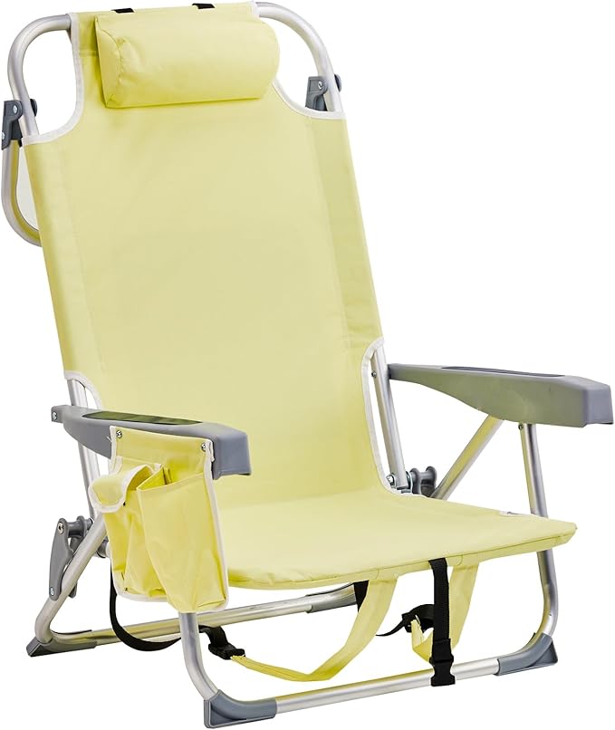 Backpack Beach Chairs Low 5 Position Beach Chair with Pouch Straps Folding Lightweight Reclining Aluminum Lay Flat Single (Yellow Low)