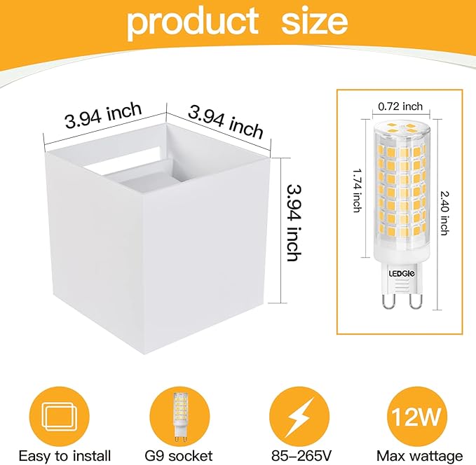 2 Pack Outdoor Wall Lights Exterior/Interior Wall Sconces Up and Down Lights IP65 Waterproof G9 Base Socket Modern Outdoor Lighting Square Aluminum White 3000K Warm Lights Adjustable Light Angle