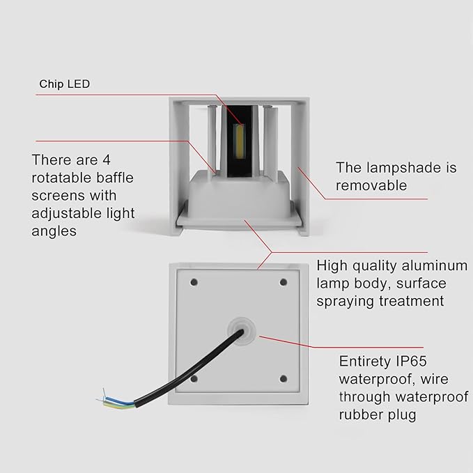 LED 20W Outdoor Wall Lights Exterior/Interior Porch Lights Outdoor Wall Up and Down Lights IP65 Waterproof Sconces Modern Outdoor Lighting Fixtures Square Aluminum White 6500K Cold Lights
