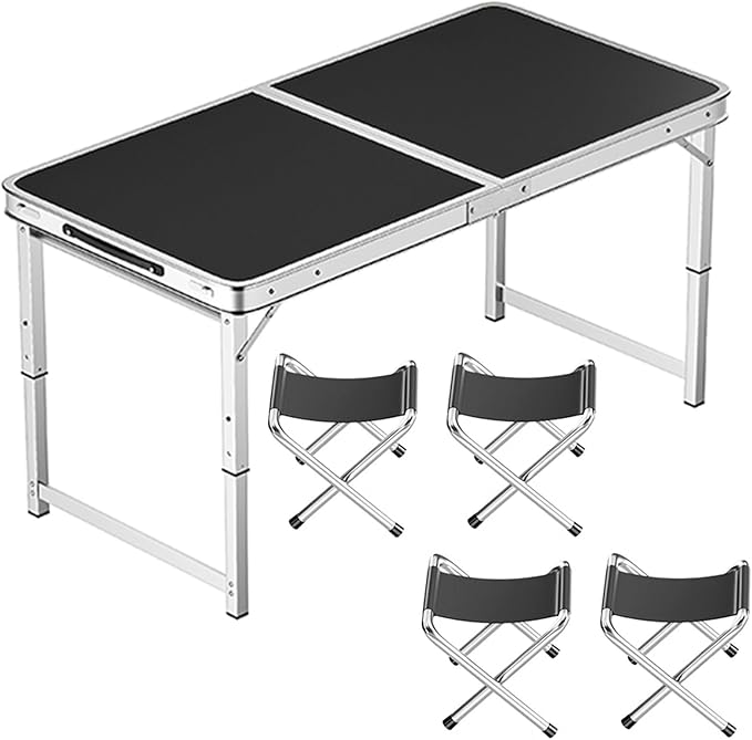 Adjustable Height Aluminum Folding Table Portable Outdoor Camping Table with Handle Compact 120X60Cm Picnic Dining Table Set with 4 Stools - Blue120X60Cm Bla100X50cm Black+4 Stool
