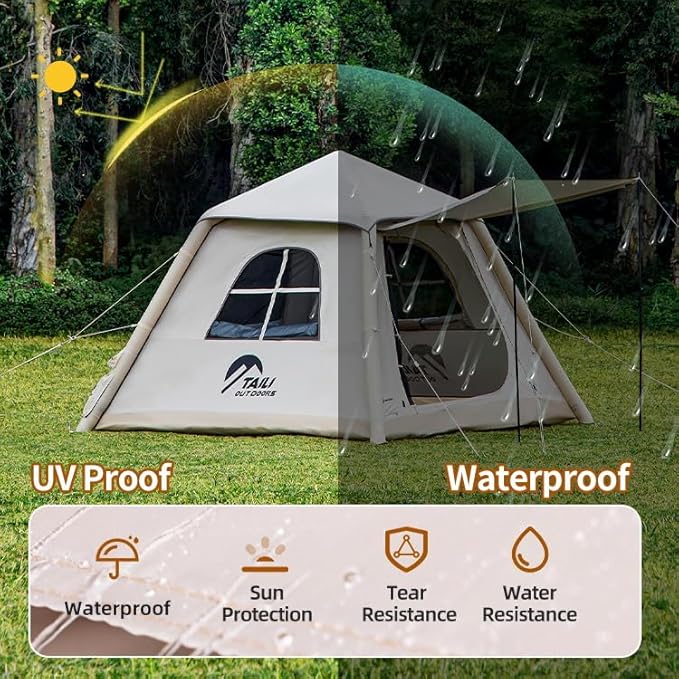 Automatic Inflatable Camping Tent Quick Setup Tent with Electric Air Pump Easy Set up 3-4 Person Blow Up Tents for 4 Seasons Waterproof Windproof Inflatable Tent for Camping