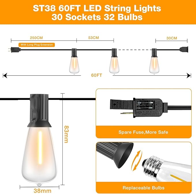 GLUROO 60FT LED Outdoor Patio Lights Waterproof with 30+2 Vintage Bulbs Shatterproof Energy Saving2700K Hanging Edison String Lights Outside for BackyardBistroCampingGazebo