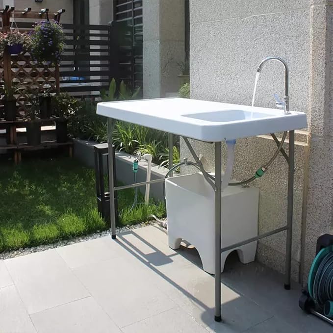 Folding Fish Cleaning Table with Sink – 4FT Portable Camping Sink &amp Fillet Station Outdoor Sink w/Faucet &amp Hose Hookup for Fishing Dock Beach Kitchen Patio Picnic