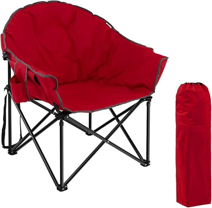 S AFSTAR Oversized Camping Chair Cushion Padded Moon Round Saucer Chair w/Cup Holder &amp Carry Bag Outdoor Leisure Folding Chair Portable Folding Camp Chair for Camping Fishing Supports 300lbs (