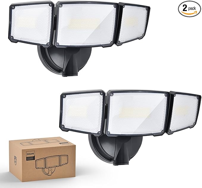 Philips 72W 7400LM LED Flood Lights Outdoor Switch Controlled Aluminum Security Lights 3 Adjustable Heads Wall Mount 5000K Daylight Waterproof for Yard Garage (2 Packs)