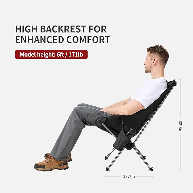 Camping Chair Lightweight Backpacking Hiking Chair Compact Portable 220 lbs Capacity Comfortable Widened Seat Folding Chair (Black)