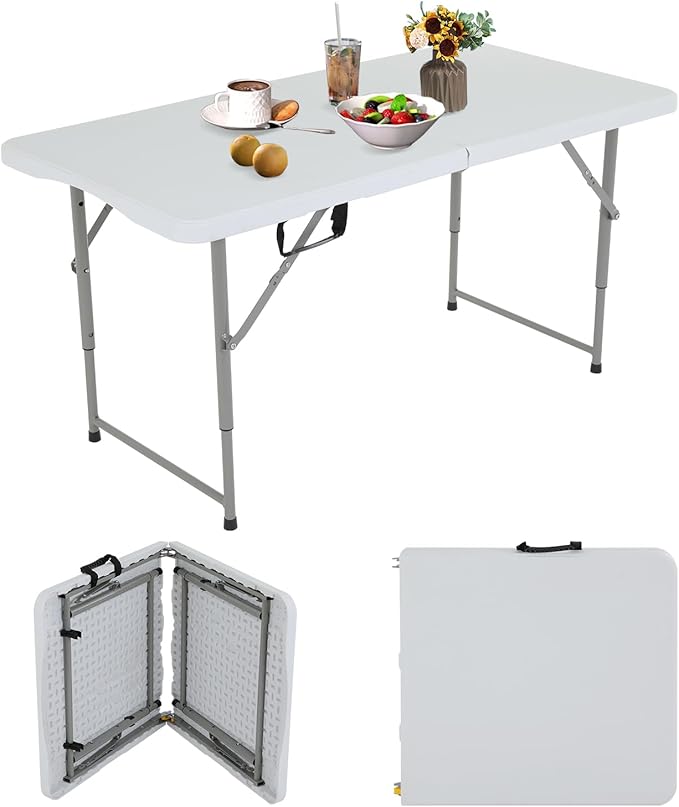 Portable Folding Table - 4 Foot White Plastic Camp Table with Steel Legs &amp Built-in Handle