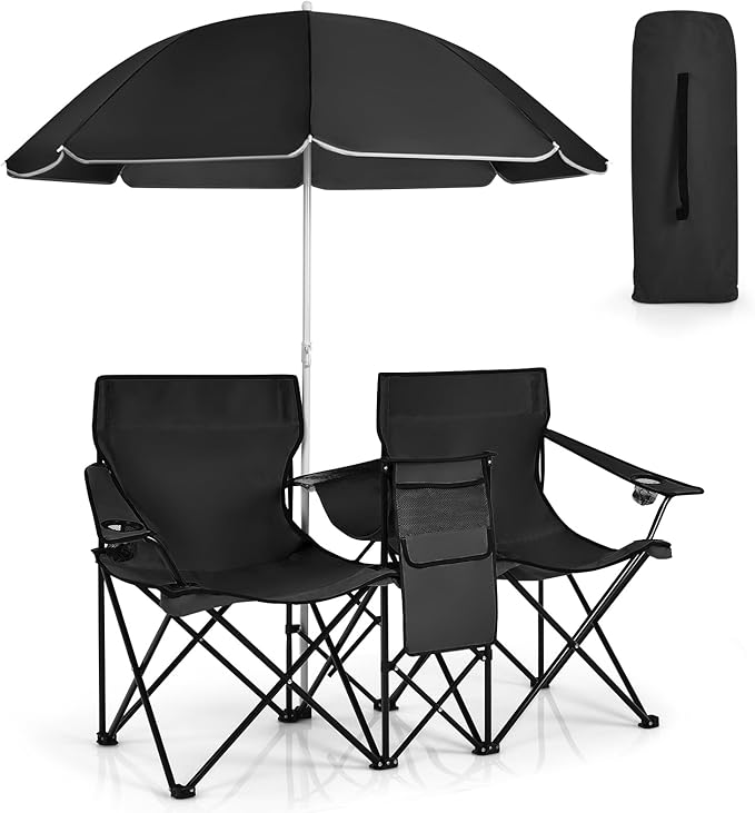 Double Camping Chair with Canopy Folding Camp Chairs w/Cup Holder Cooler &amp Carry Bag Table Side Pocket 2 Person Portable Beach Chair with Umbrella for Picnic Fishing (Black)