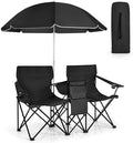 Double Camping Chair with Canopy Folding Camp Chairs w/Cup Holder Cooler &amp Carry Bag Table Side Pocket 2 Person Portable Beach Chair with Umbrella for Picnic Fishing (Black)