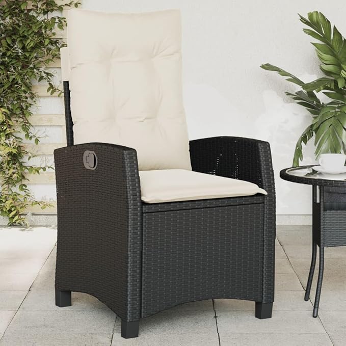 Reclining Garden Chair Black PE Rattan Standard Size with Adjustable Armrests and Removable Cushions for Outdoor Patio Lounging Weather-Resistant Durable Steel Frame