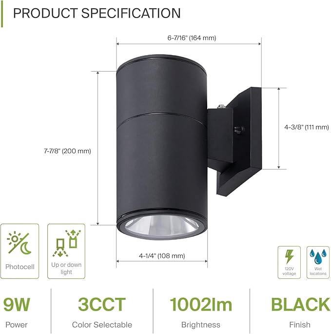 ASD 1 Light Dusk to Dawn LED Outdoor Wall Light Fixture | 9W 1000LM 3000K-5000K 120V Cylinder Up Down Lights | Waterproof Exterior Wall Sconce | Front Door Porch Patio | Black ETL