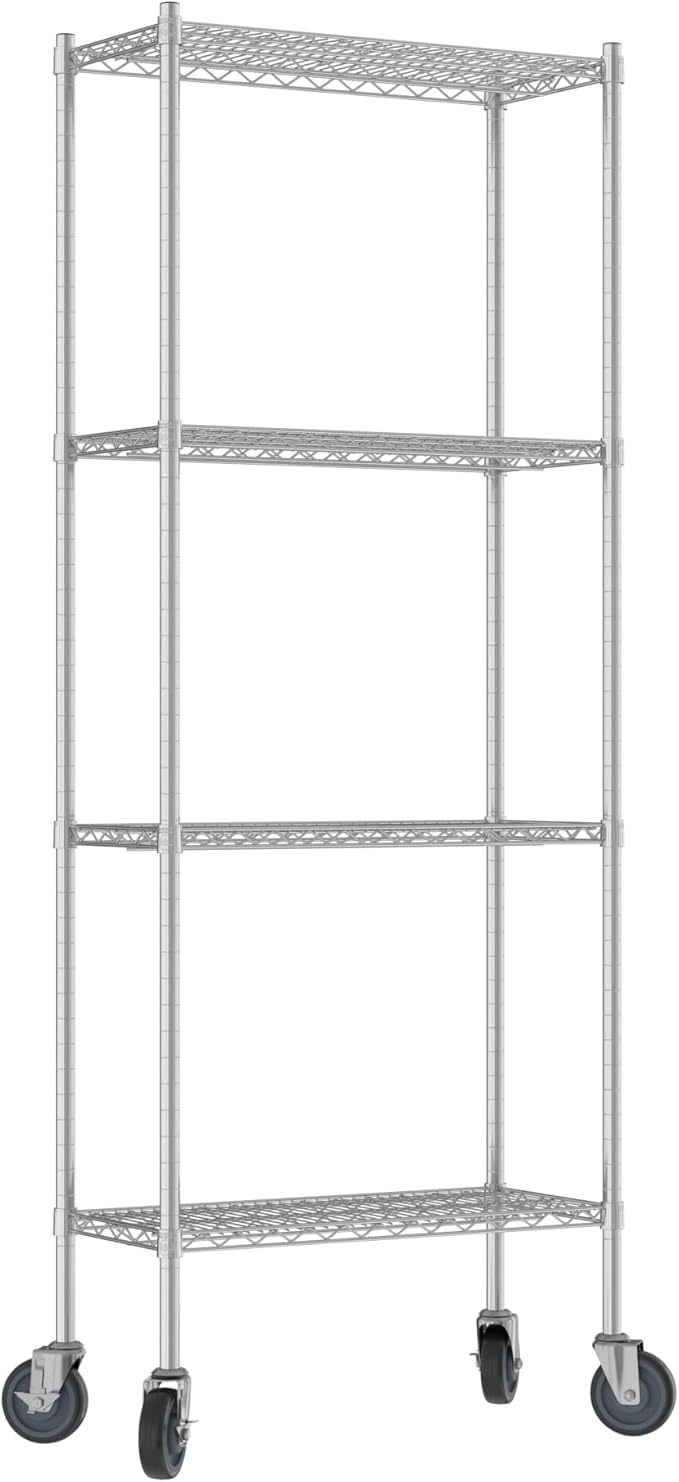 Commercial NSF Listed Chrome Mobile Wire Shelving Kit 14 x 30 x 80 with 4 Shelves Perfect for Warehouse Walk-in Refrigerator Freezer Grocery Store Restaurant Dishroom