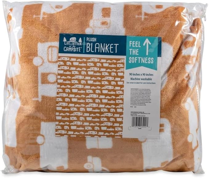 Camco 53441 Life is Better at The Campsite Plush Fleece Blanket Queen Size - Keeps You Warm While at Home Camping or on Picnics - Machine Washable - Features a Brand RV Print Autumn Gold