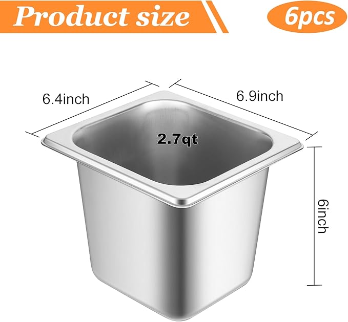 Mwellewm 6 Set Hotel Pan 1/6 Size 6 Inch Deep Stainless Steam Table Pans with Lids Stackable Commercial Anti Jam Metal Steam Tray Catering Food Storage Steel Pan for Restaurant Buffet Party Supplies